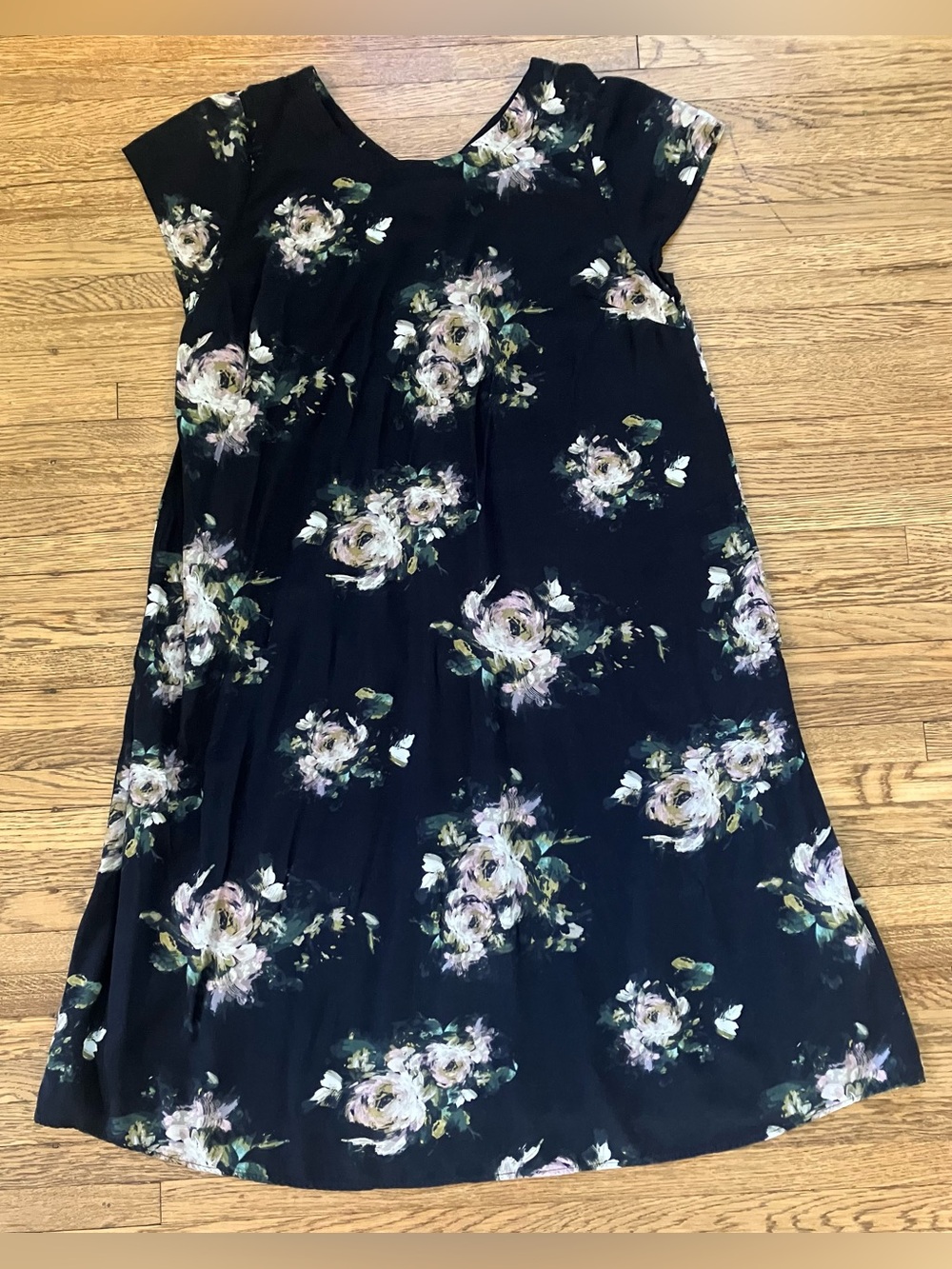 J Jill Black Flora Midi Dress Short Sleeve Back V Buttons L